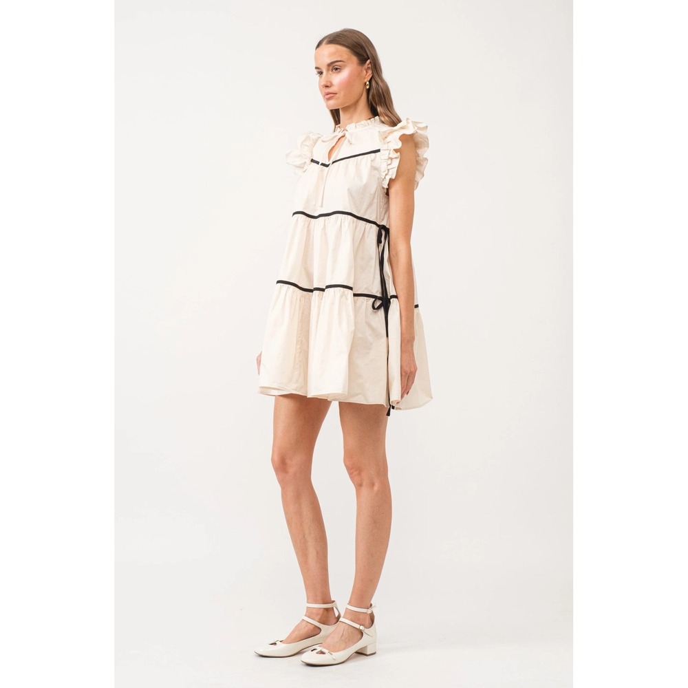Sofie the Label Lena Tiered Mini Dress Trim Puff Sleeve Small cream black